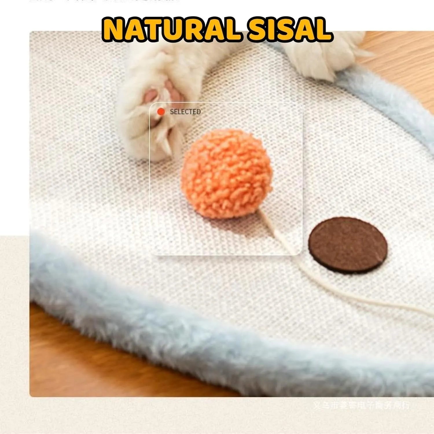 White cat scratching mat with sleeping cat pattern hanging on wall