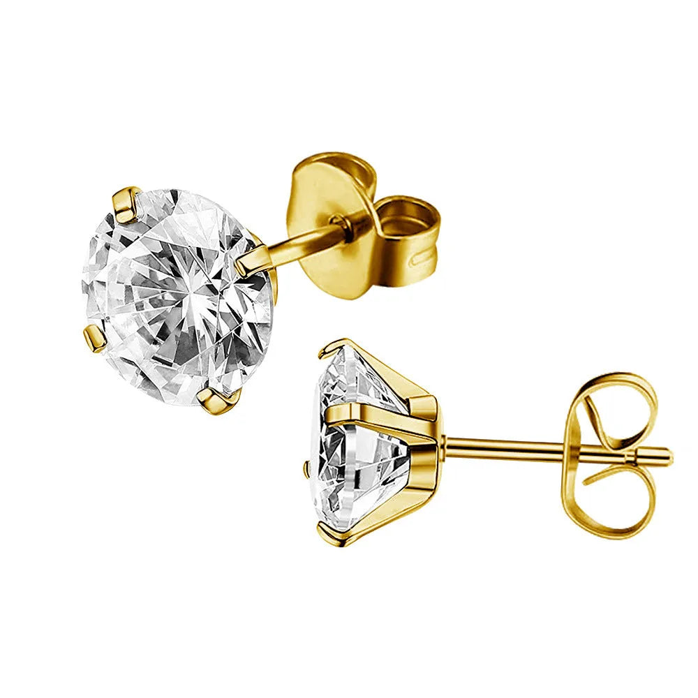 Titanium steel square geometric zircon stud earrings in gold and steel colour options with size range from 2mm to 8mm