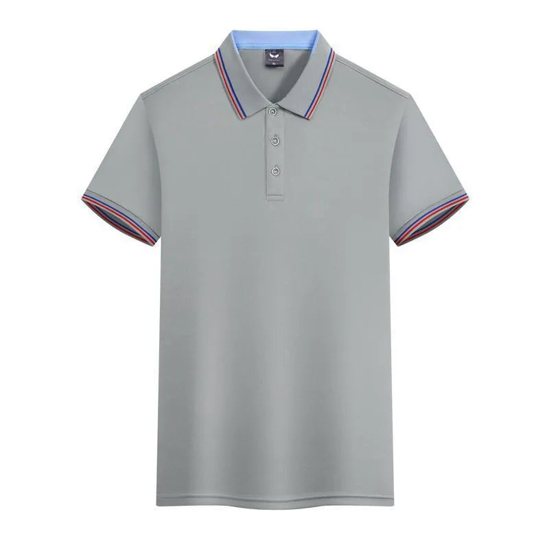 Slim fit ice silk polo shirt in blue grey colour with short sleeves on a hanger