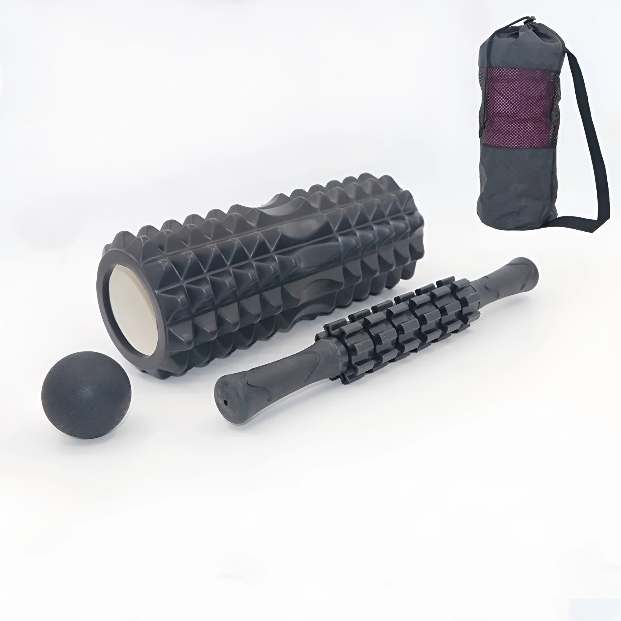 Black six-piece 33cm foam roller with segmented shaft and protective carrying case