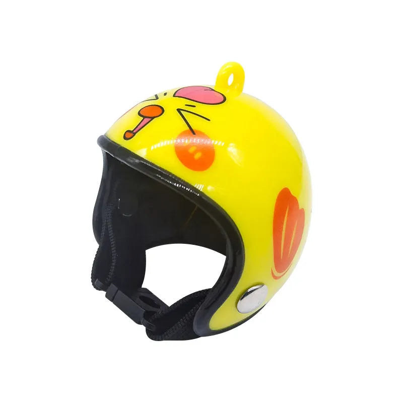 Plastic chicken helmet pet accessory in various colours and designs for poultry headgear.