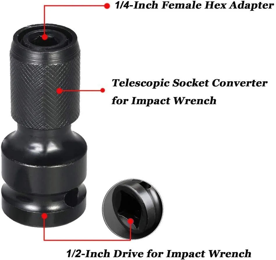 No. 45 steel telescopic bit holder with hexagonal handle for converting 1/2-inch to 1/4-inch drive sizes.
