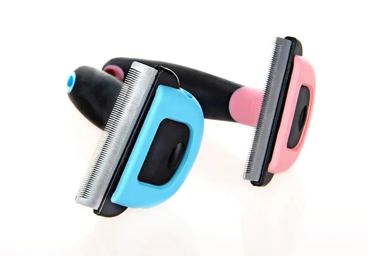 Pet hair removal comb for long straight hair, available in blue or pink, sizes S M L.