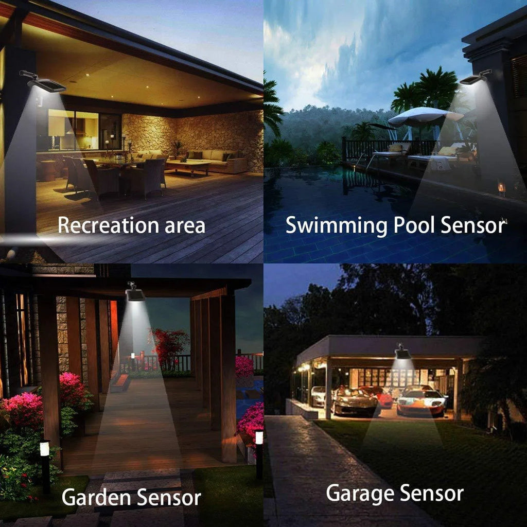 Black 36 LED solar-powered outdoor wall light with motion sensor and adjustable pole on a wall.