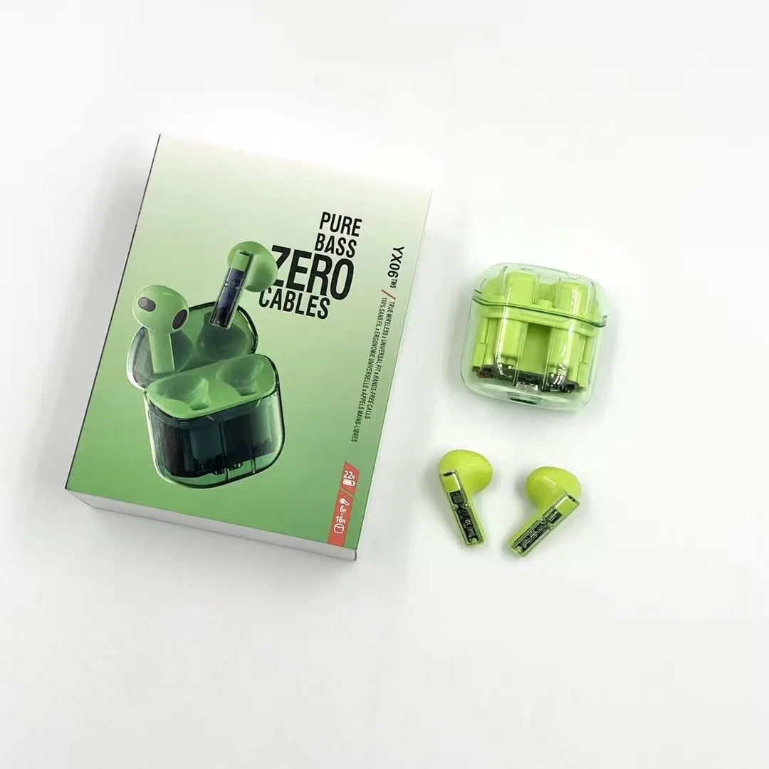 YX06 Wireless TWS Headphones in multiple colours showing transparent cabin design