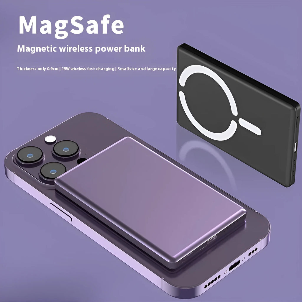 Ultra-thin dark grey magnetic power bank attached to iPhone showing 9mm thickness