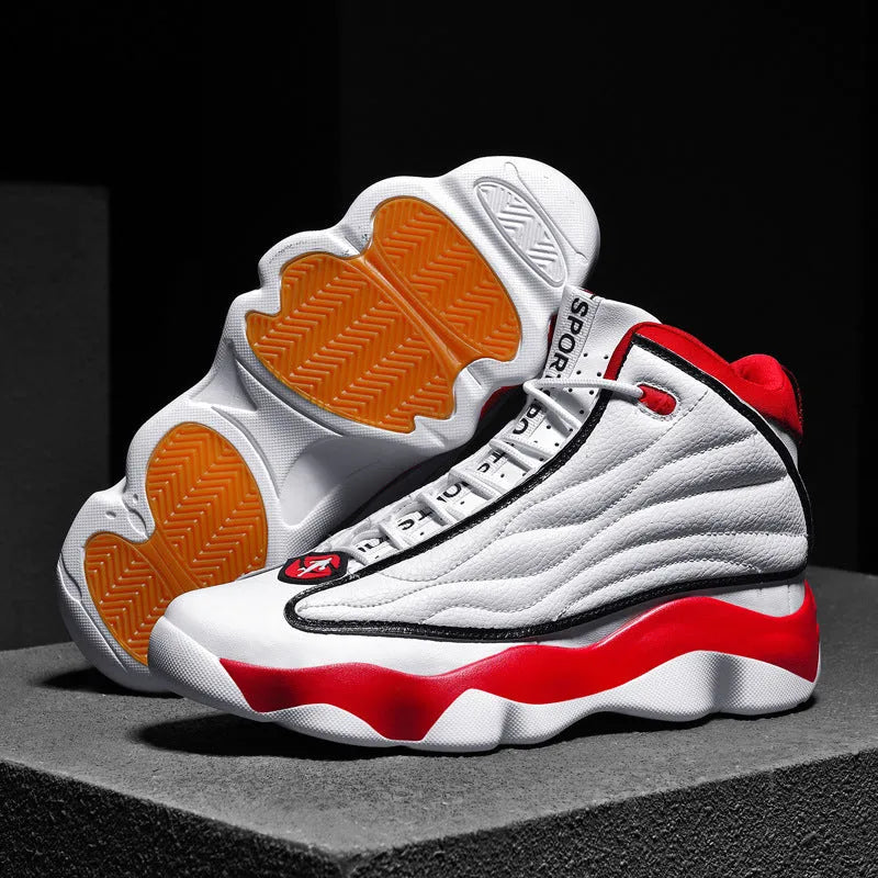 High-top basketball trainers in AJ13 colours with mesh upper and thick rubber sole.
