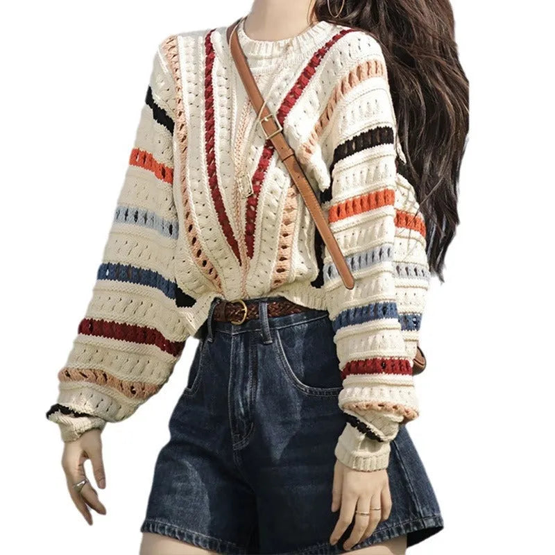 Rainbow striped round neck pullover sweater with batwing sleeves in loose fit casual style