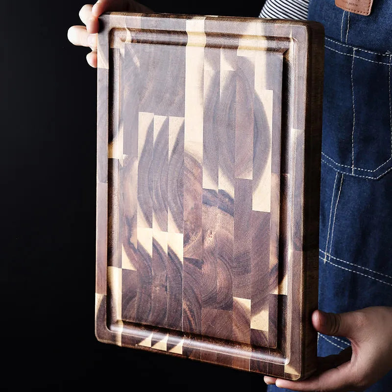 Brown acacia solid wood cutting board showing 3cm thickness edge