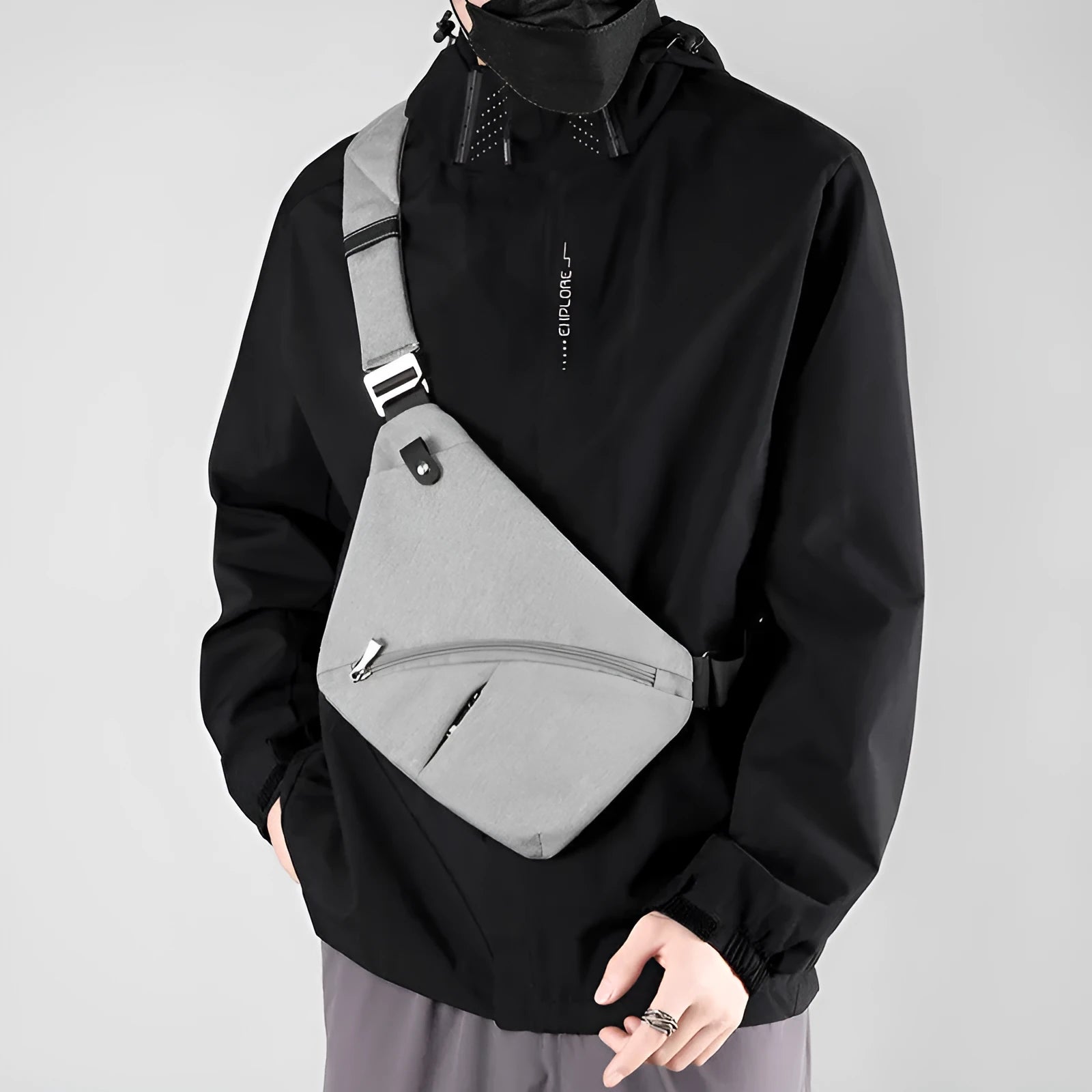 Men's grey Oxford cloth chest bag with one shoulder strap and letter detailing