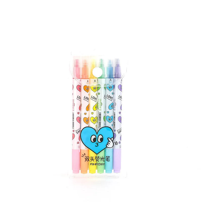 Six double-headed watercolour highlighter pens in pink, orange, yellow, green, blue, and purple colours showing plug-in design