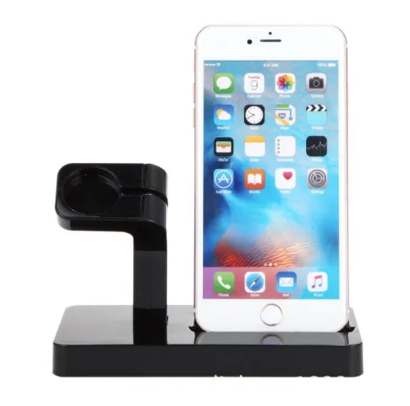 White charging dock station holding iPhone and Apple Watch with cable