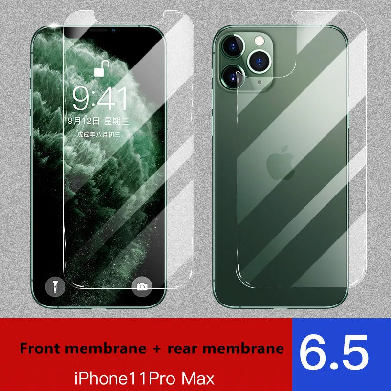iPhone tempered glass screen protector set showing front and rear films for 11, X, and XR models.
