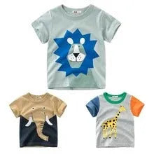 Children's cotton T-shirt with animal print, showing size options from 90cm to 140cm clothing length.
