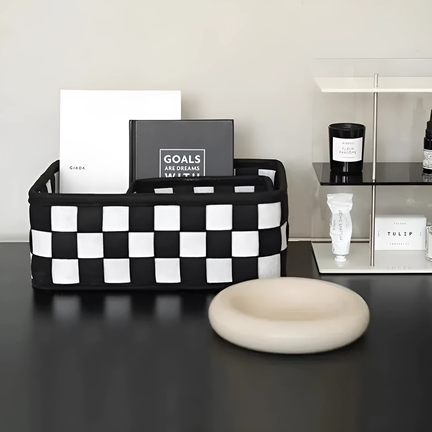 Checkerboard pattern black and white woven felt storage basket with handles