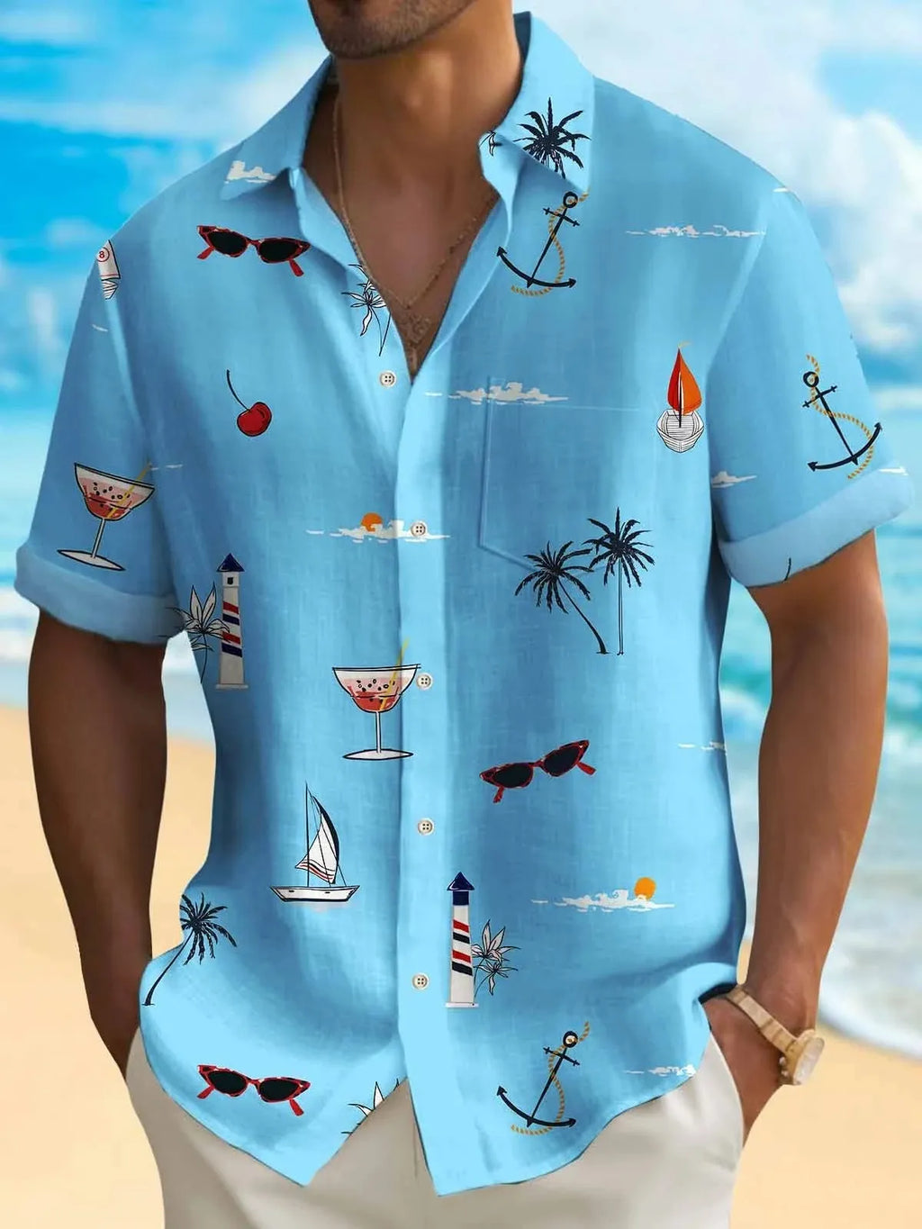 Man modelling a loose-fit, short-sleeve Hawaiian shirt with a colourful digital print pattern.