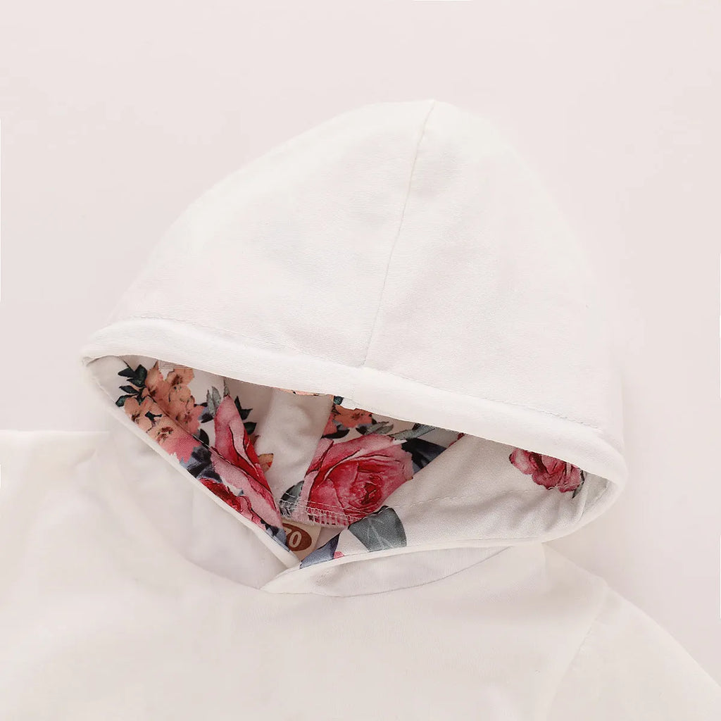 White newborn baby girl cotton hooded all-in-one suit with long sleeves and trouser legs