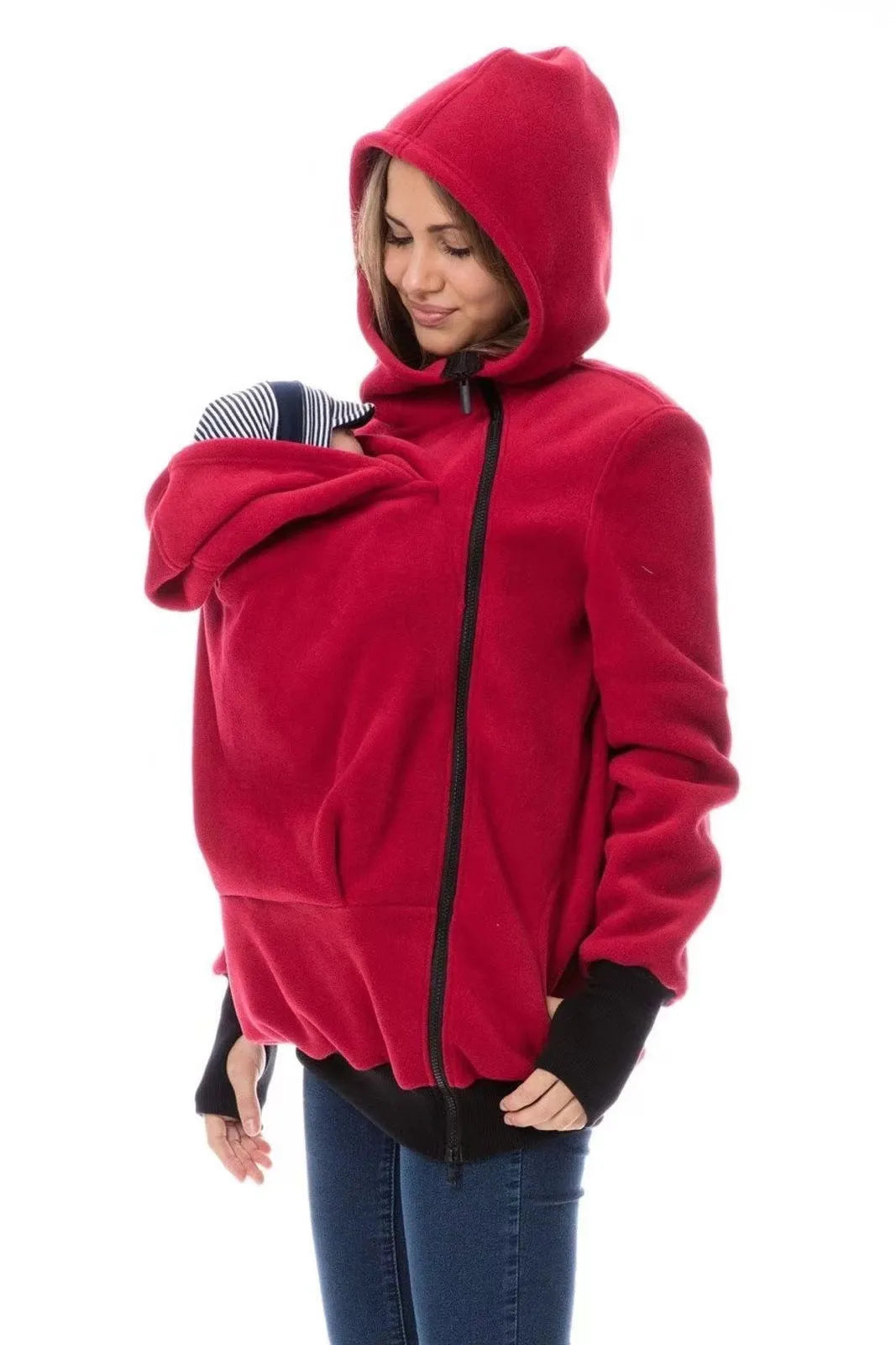 Red loose fit women's polar fleece sweater with long sleeves for autumn and winter
