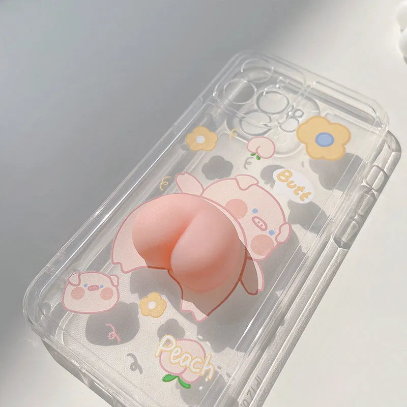 Transparent silicone phone case with three-dimensional cartoon pig butt design for iPhone