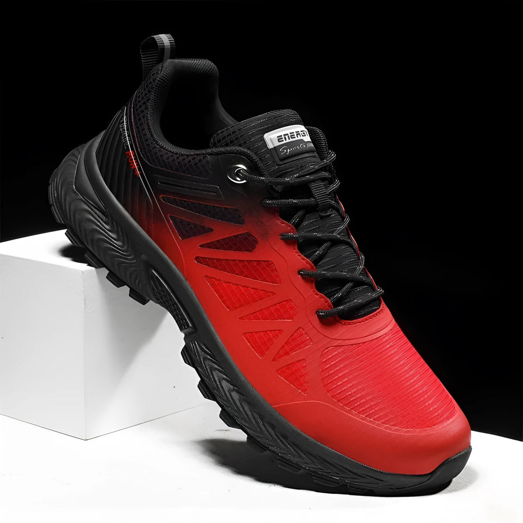 Men's black and orange plus size outdoor running shoes with mesh upper and lace-up front.
