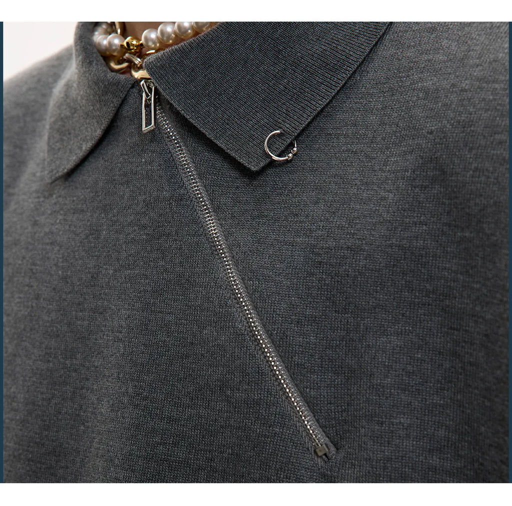 Men's black slim fit knitted polo shirt with oblique diagonal zipper and lapel collar