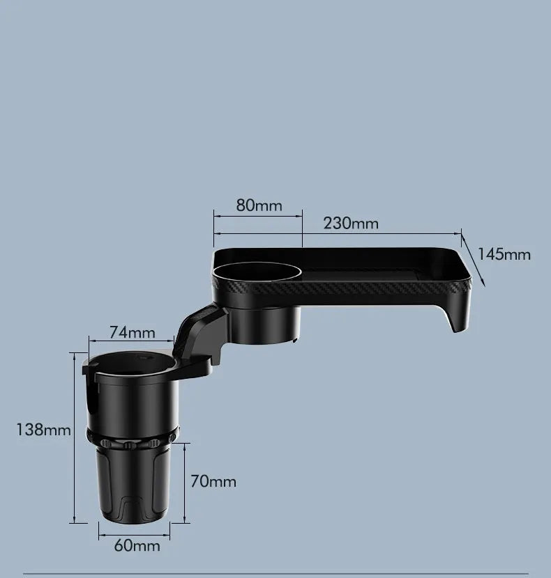 Black ABS plastic car-mounted rotating dinner tray holder with an integrated cup holder.