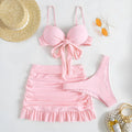 Women's floral design bow split style swimsuit three-piece set in multiple colour options