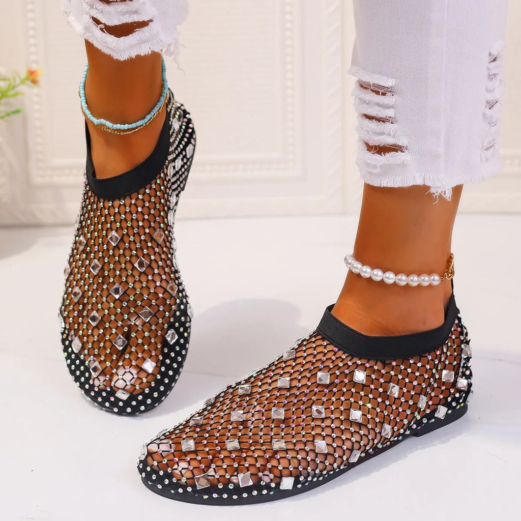 Women's mesh flat sandals with colourful rhinestone design and rubber soles