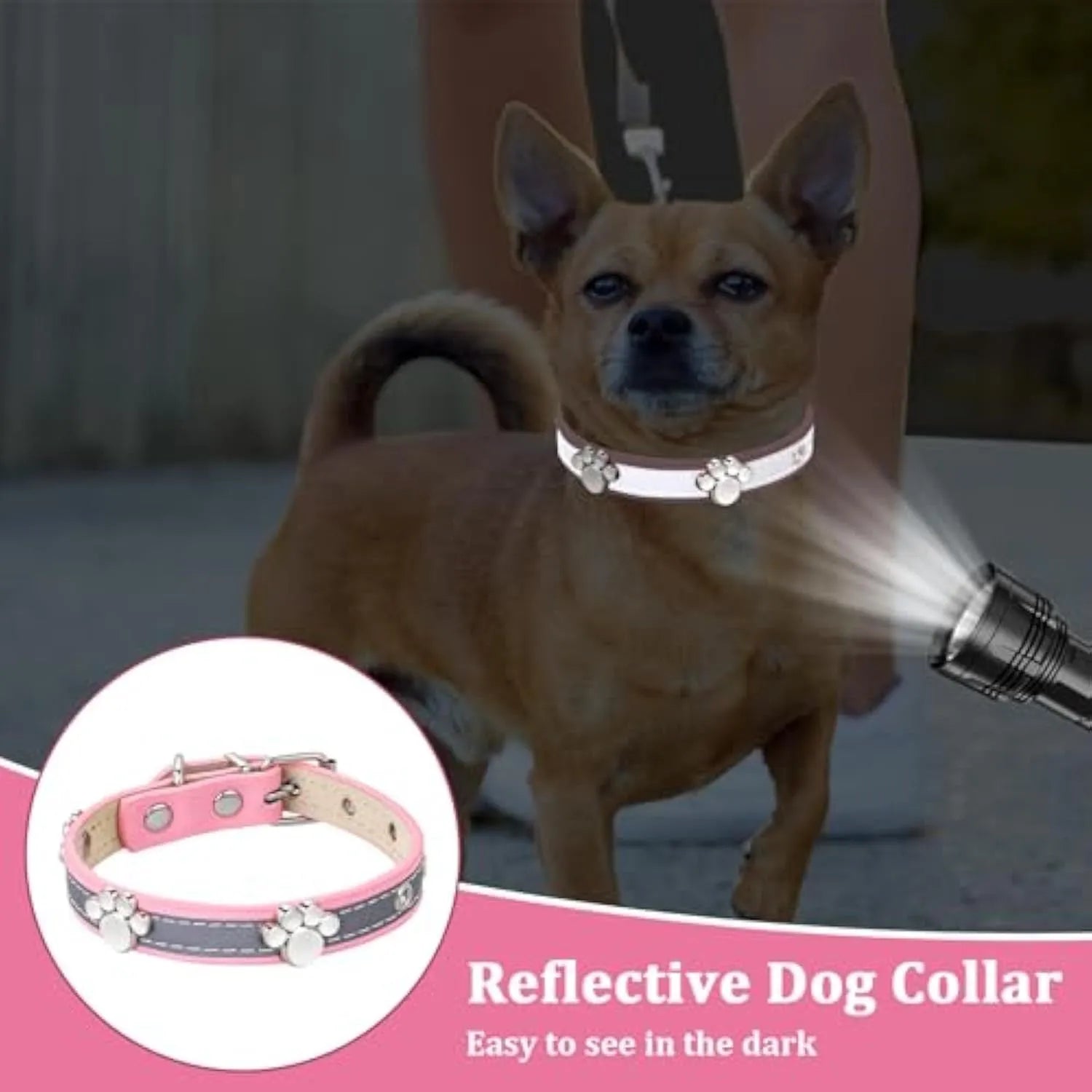 Reflective PU leather dog collar with paw rivet decoration and metal buckle