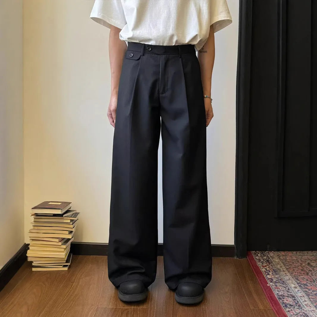 Men's brown straight-leg loose wide-leg suit pants made from chemical fibre blend polyester fabric