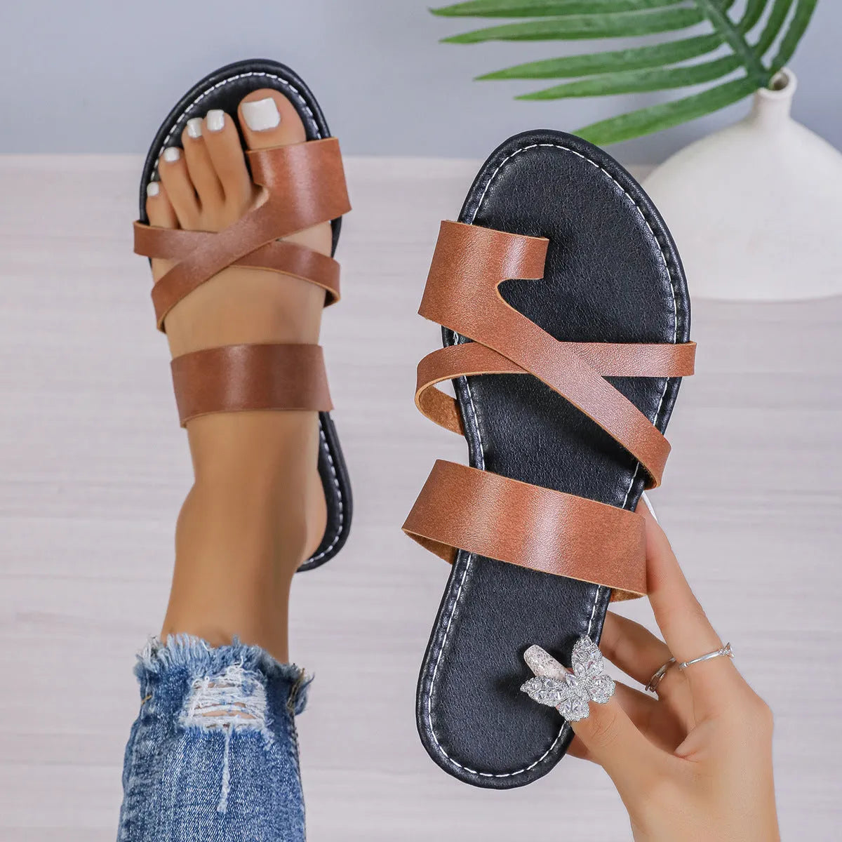 Casual round toe beach slippers with hollow-out pattern and rubber sole in black, brown, or wine red.