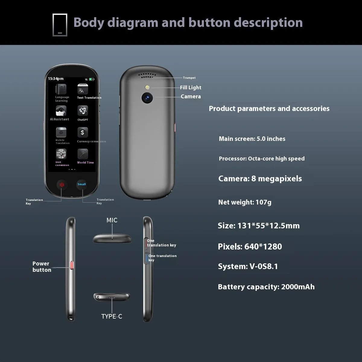 Black simultaneous interpretation translator device with lanyard and charging cable for business use.
