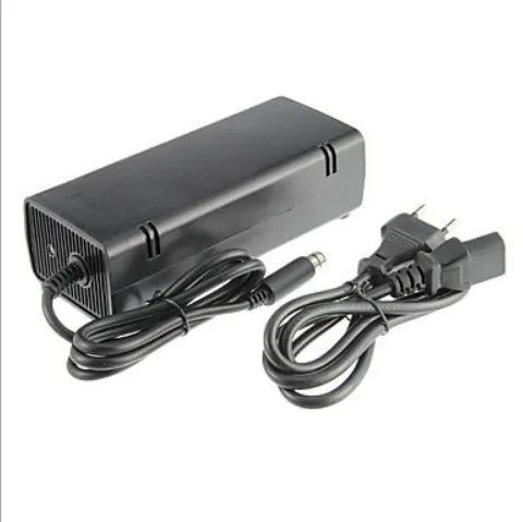 Black XBOX360E AC power adapter with choice of EU, UK, or US plug styles for Microsoft console