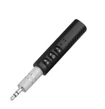 Bluetooth audio receiver with 3.5mm AUX plug in black, featuring V4.1 and 180mAh battery for wireless music and hands-free calls