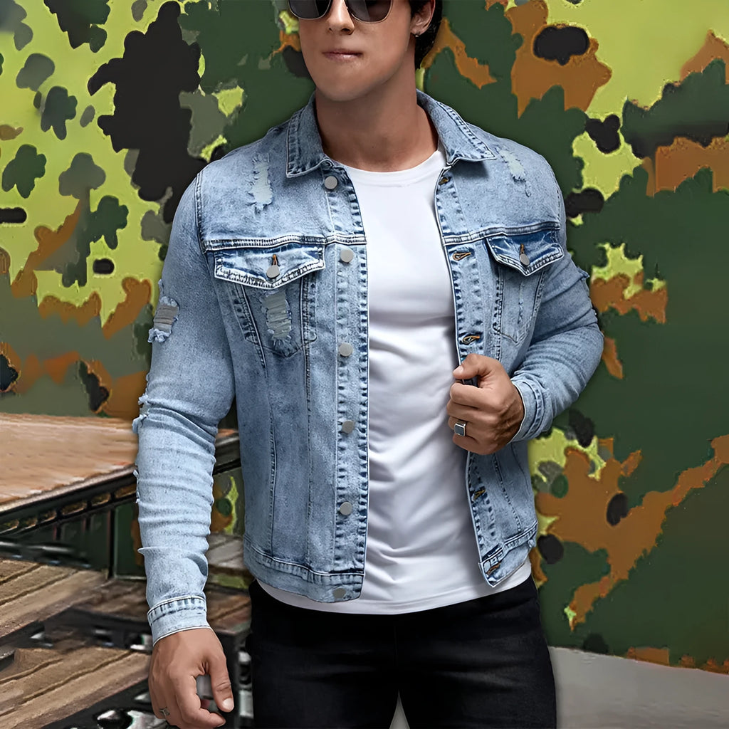 Men's slim fit blue denim shirt jacket with polo collar and size stick pocket on chest