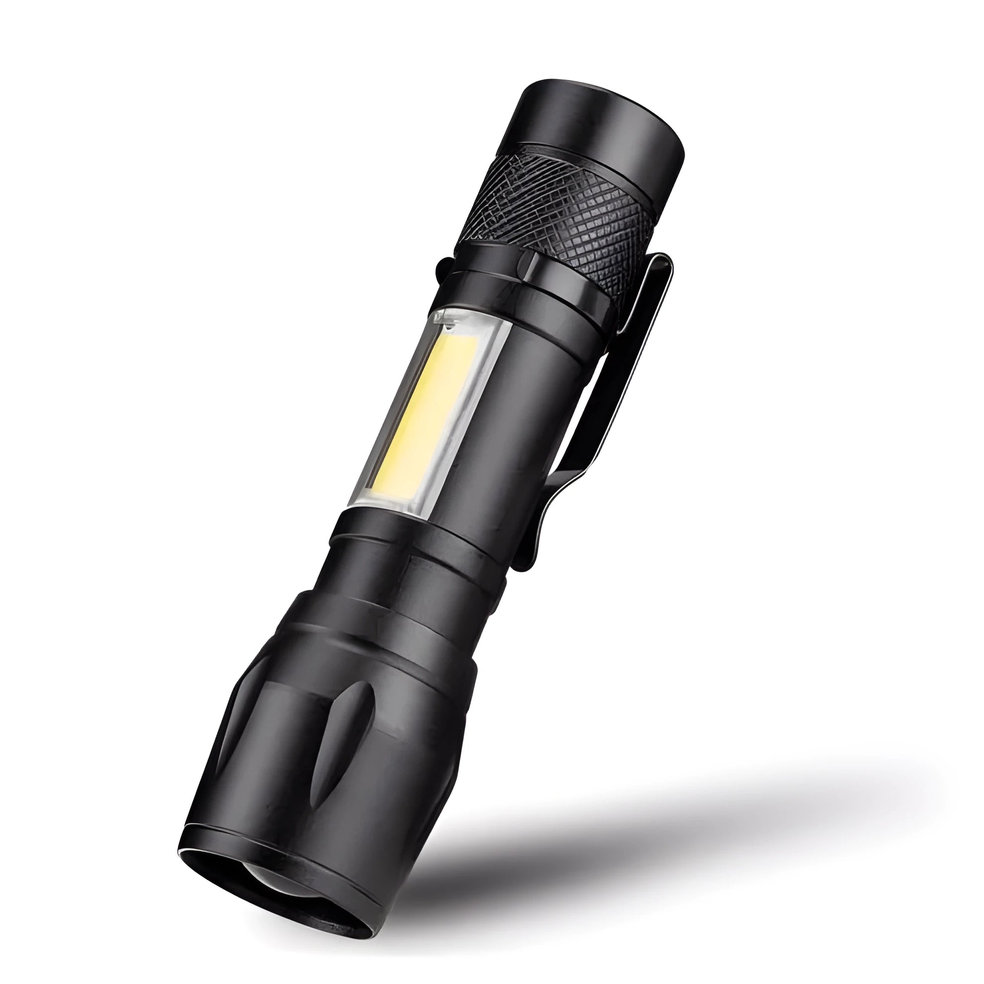 Black aluminium telescopic zoom LED flashlight with clip, shown zoomed in and out.
