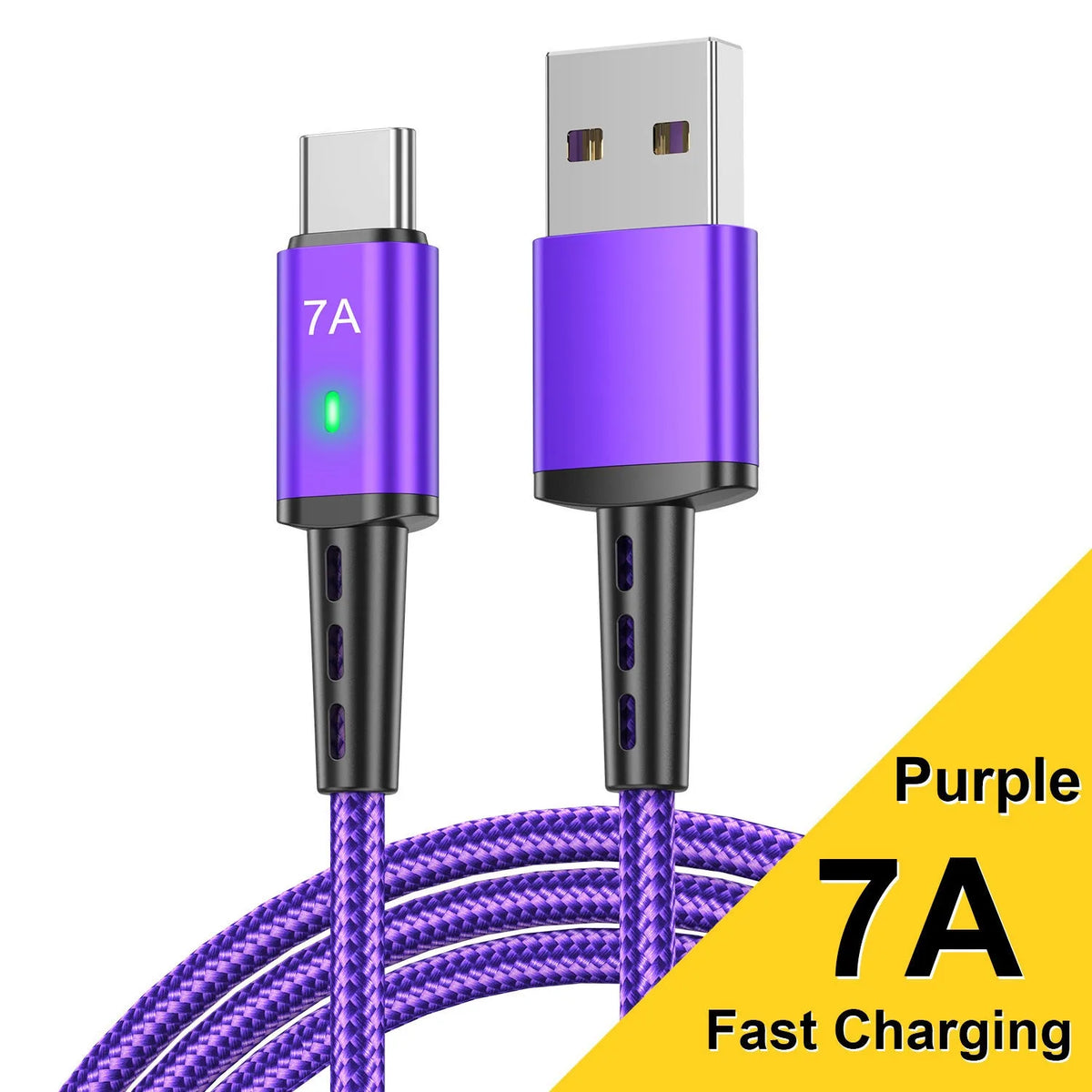 7A Android braided Type-C charging cable with indicator light in black, 1 metre length