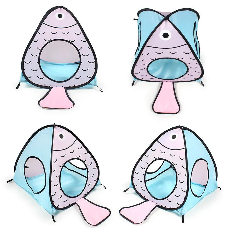 Foldable pet tent and cat tunnel three-piece set with cat and fish design