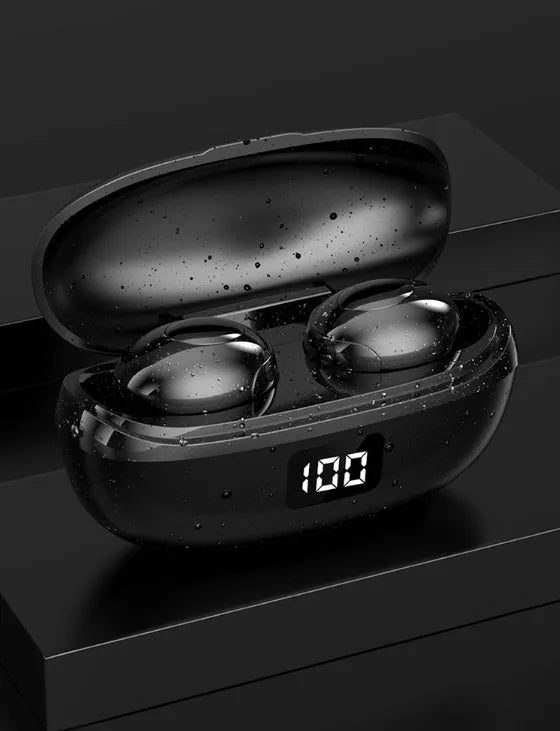 Black and white wireless Bluetooth in-ear headphones with a USB Type-C charging case