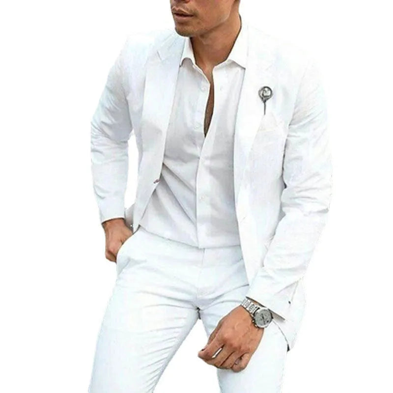 Men's white slim fit two-piece suit for weddings, showing jacket and trousers