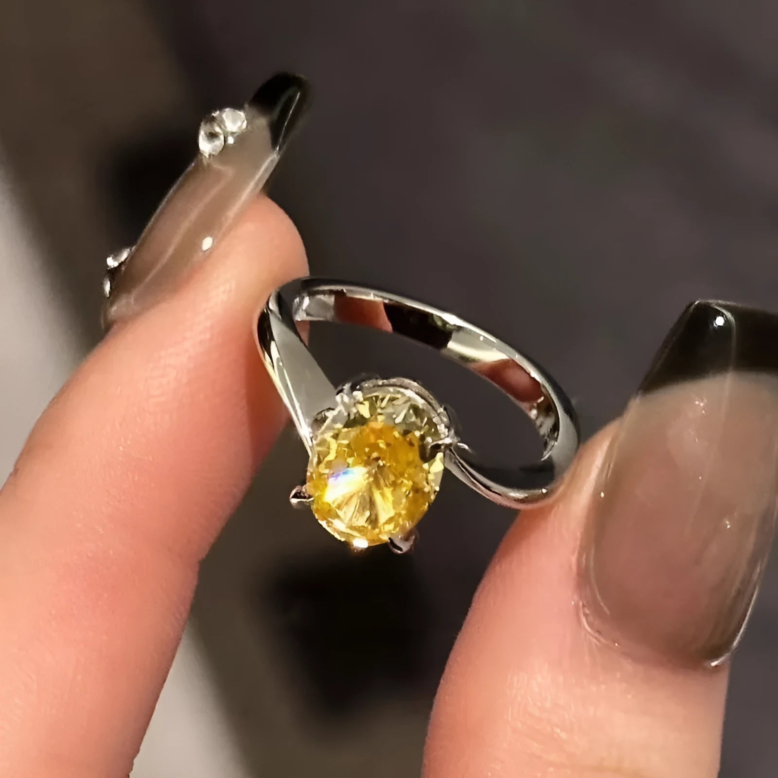 Women's yellow rock sugar crystal ring on copper with Seiko treatment showing colour and detailing