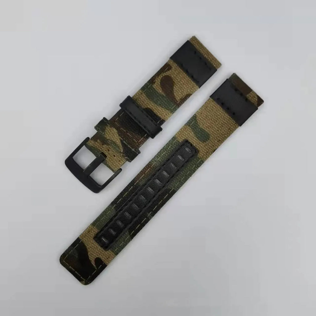Oxford cloth canvas watch strap shown in multiple colour options including camouflage, with 20mm, 22mm, and 24mm sizing displayed.