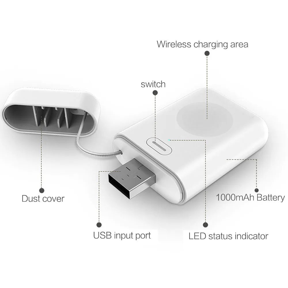 White Apple Watch magnetic wireless portable charger with 1000mAh battery