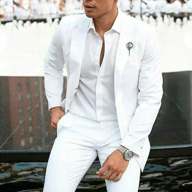 Men's white slim fit two-piece suit for weddings, showing jacket and trousers
