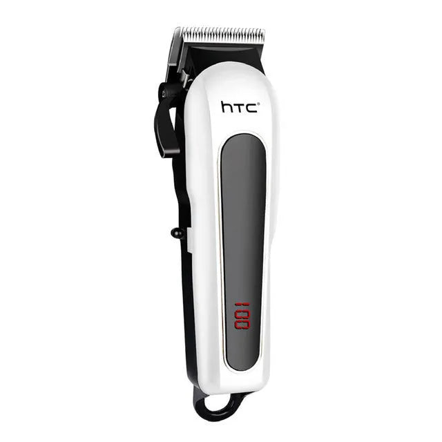 Professional digital electric hair clipper with limiting combs, available in black, red, and white colours.