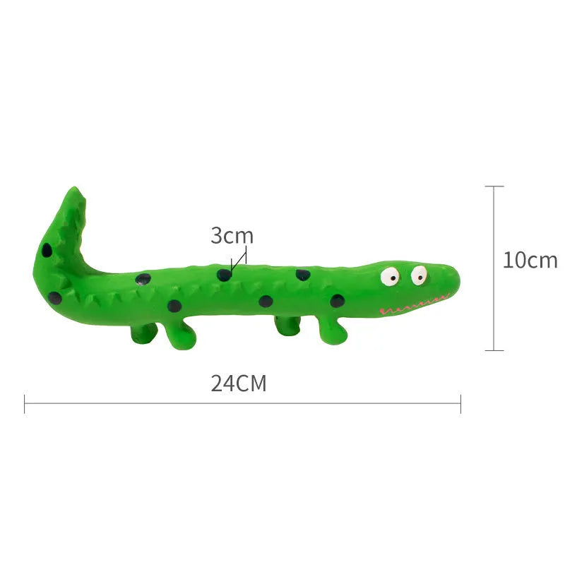Green cartoon lizard-shaped dog chew toy with textured surface for teeth cleaning.