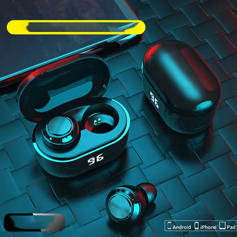 Black stereo Bluetooth wireless earbuds with a charging case.