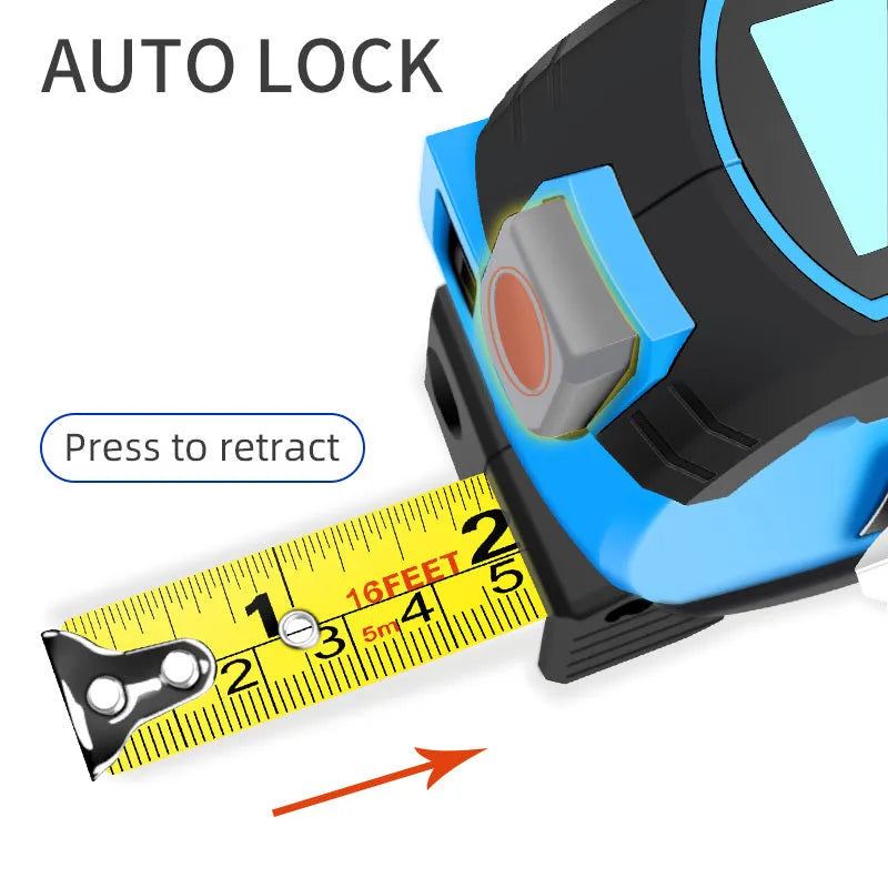 3-in-1 laser tape measure with 5m tape ruler and infrared rangefinder in blue