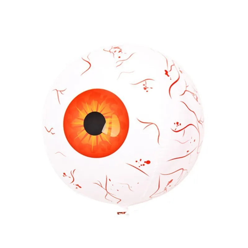 Green Halloween eyeball balloon with red bloodshot pattern, inflated to a round shape.