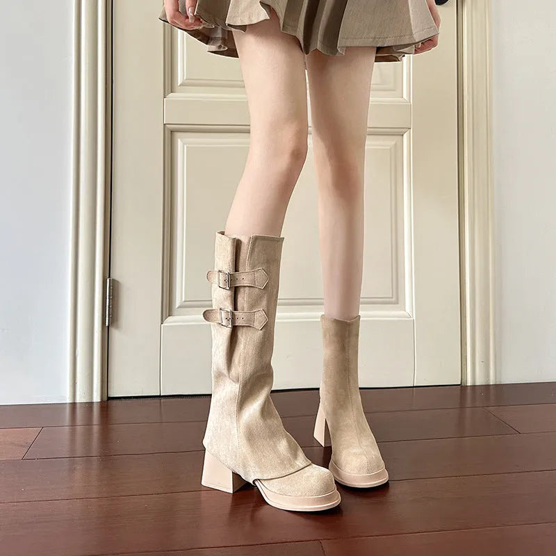 Women's removable pile chunky heel platform high leg boots in apricot suede with back zipper and round toe